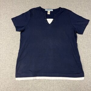 Spectra | Top | 1X | Navy Blue | Sequin Faux Layered Short Sleeve Tee